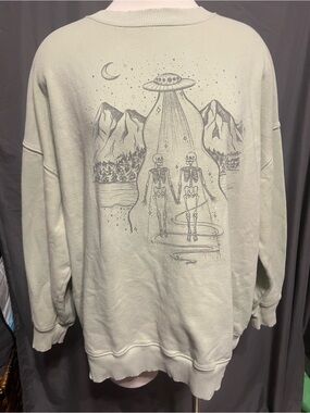 American Eagle Outfitters Light Sage Crewneck with Alien Skeleton Back Graphic